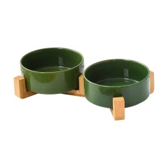 Pet Cat Dog Ceramic Food Bowl With Raised Wooden Frame Multiple Colors Pet Feeder Ceramic Bowl