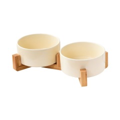 Pet Cat Dog Ceramic Food Bowl With Raised Wooden Frame Multiple Colors Pet Feeder Ceramic Bowl