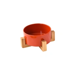 Wholesale Pet Cat Dog Ceramic Food Bowl With Raised Wooden Frame Multiple Colors Pet Feeder Ceramic Bowl