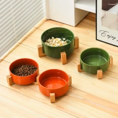 Wholesale Pet Cat Dog Ceramic Food Bowl With Raised Wooden Frame Multiple Colors Pet Feeder Ceramic Bowl