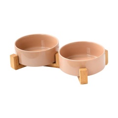 Pet Cat Dog Ceramic Food Bowl With Raised Wooden Frame Multiple Colors Pet Feeder Ceramic Bowl