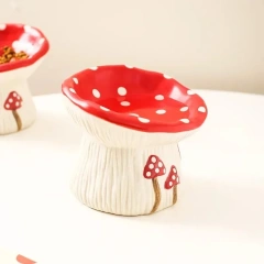 Cute Mushroom Ceramic Elevated Slow Feed Bowl for Small Dogs Cats Raised Anti Gulp Dish Pet Food Water