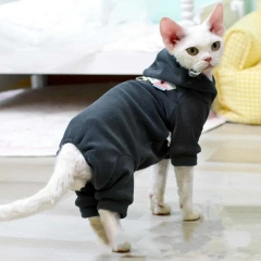 Dark Grey Fleece Hooded Sweatshirt for Hairless Cat Winter 4-legged Coat Pull Tab Sphynx Cat Jacket Devon Rex Warm Loungewear