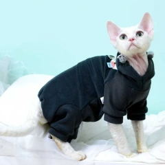Dark Grey Fleece Hooded Sweatshirt for Hairless Cat Winter 4-legged Coat Pull Tab Sphynx Cat Jacket Devon Rex Warm Loungewear