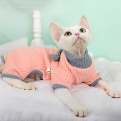 Pink Cotton Coat with Bow For Female Cat Warm Blue Sweatshirt for Hairless Cat in Spring Autumn Cat Clothing Pet Supplies