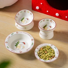 Holiday Premium Ceramic Cat Bowl Set + Raised Feeder | Christmas Cat House | Cute Pet Feeding Supplies for Winter Home Décor