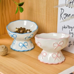 Creative Relief Butterfly Bow High Footed Ceramic Pet Bowl Slanted Mouth Anti Knock Drinking Basin for Dog Cat Pet Supplies