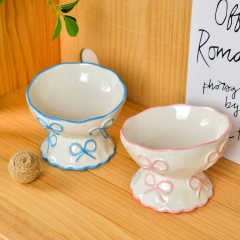 Creative Relief Butterfly Bow High Footed Ceramic Pet Bowl Slanted Mouth Anti Knock Drinking Basin for Dog Cat Pet Supplies