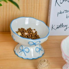Creative Relief Butterfly Bow High Footed Ceramic Pet Bowl Slanted Mouth Anti Knock Drinking Basin for Dog Cat Pet Supplies