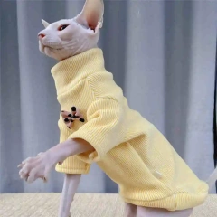 Hairless Cat British-inspired Vintage Bow Tie Grey High Neck Striped Fleece Winter Jacket Sphynx Cat Yellow Warm Coat in Autumn