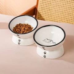 Cartoon Patterned Ceramic Pet Bowl High Foot Integrated Oblique Mouth Neck Protection Dog Feeder for Dogs Cats Food Water Bowl