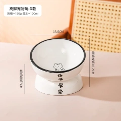 Cartoon Patterned Ceramic Pet Bowl High Foot Integrated Oblique Mouth Neck Protection Dog Feeder for Dogs Cats Food Water Bowl