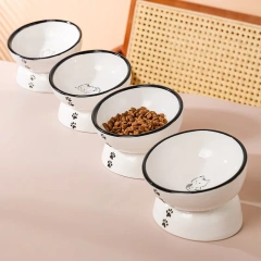 Cartoon Patterned Ceramic Pet Bowl High Foot Integrated Oblique Mouth Neck Protection Dog Feeder for Dogs Cats Food Water Bowl