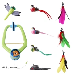 【E】Interactive Hanging Cat Toy for Door, Self-Play Teaser with Swinging Feathers & Replaceable Prey Attachments