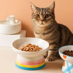 Ceramic Cat Bowl Handmade Flat/Slanted Mouth Pet Food Bowl Anti Tipping Cervical Spine Protection Cat Elevated Bowl for Feeding