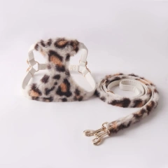 New Arrival Leopard Print Dog Harness & Leash Set - Faux Rabbit Fur Pet Harness Pet Leash with Dual Buckles Safety