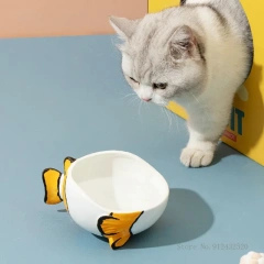 Painted Small Fish Shape Ceramic Dog Cat Bowl Drinking Water Food Bowl Anti overturning Neck Protection Lovely Pet Articles, 1Pc