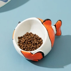 Painted Small Fish Shape Ceramic Dog Cat Bowl Drinking Water Food Bowl Anti overturning Neck Protection Lovely Pet Articles, 1Pc