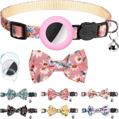 For Apple Airtag Case Adjustable Cat Bell Collar with Printed Bow 2 Ways Pet Collar GPS Finder Anti-lost Location Tracker Case