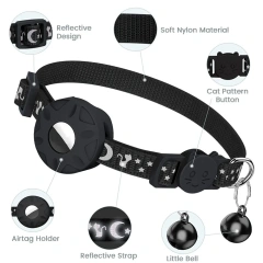 High Quality Nylon Cat and Dog Collar Reflective Star Moon Design with Silicone AirTag Holder and Bell for GPS Tracking