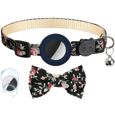 For Apple Airtag Case Adjustable Cat Bell Collar with Printed Bow 2 Ways Pet Collar GPS Finder Anti-lost Location Tracker Case