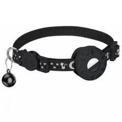 Nylon Cat and Dog Collar Reflective Star Moon Design with Silicone AirTag Holder and Bell for GPS Tracking