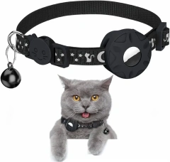 High Quality Nylon Cat and Dog Collar Reflective Star Moon Design with Silicone AirTag Holder and Bell for GPS Tracking