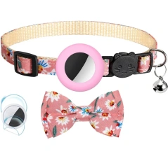 For Apple Airtag Case Adjustable Cat Bell Collar with Printed Bow 2 Ways Pet Collar GPS Finder Anti-lost Location Tracker Case
