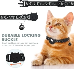 High Quality Nylon Cat and Dog Collar Reflective Star Moon Design with Silicone AirTag Holder and Bell for GPS Tracking