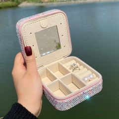 Luxury Diamond-Studded Mirror Multifunctional Ring, Earrings, Necklace, Square Jewelry Box
