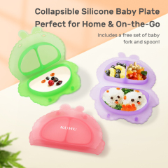 KUHU Silicone Bunny Shape Foldable Plate for Babies & Toddlers - Ideal Baby Plate with Suction, Easy Clean & Portable - Includes Baby Spoon and fork - Perfect for Mealtime Fun!