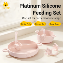 KUHU Platinum Silicone Baby Feeding Set – Divider Plate, Silicone Bowl & Soup Straws