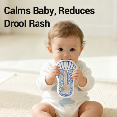 Baby using silicone teething toy for soothing gums and sensory play