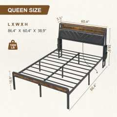 Queen Size Platform Bed Frame with 105-Degree Tilted Upholstered Headboard, Charging Station, LED Lights, Noiseless, Black and Brown