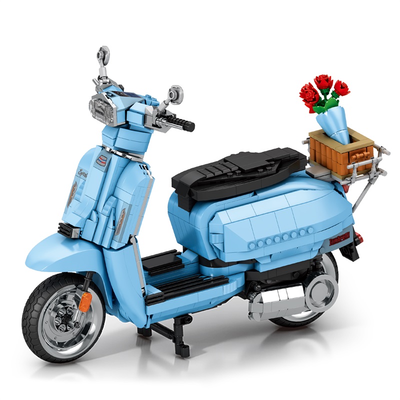 reobrix's RETRO SCOOTER is a blue electric scooter with a small flower basket on the back.