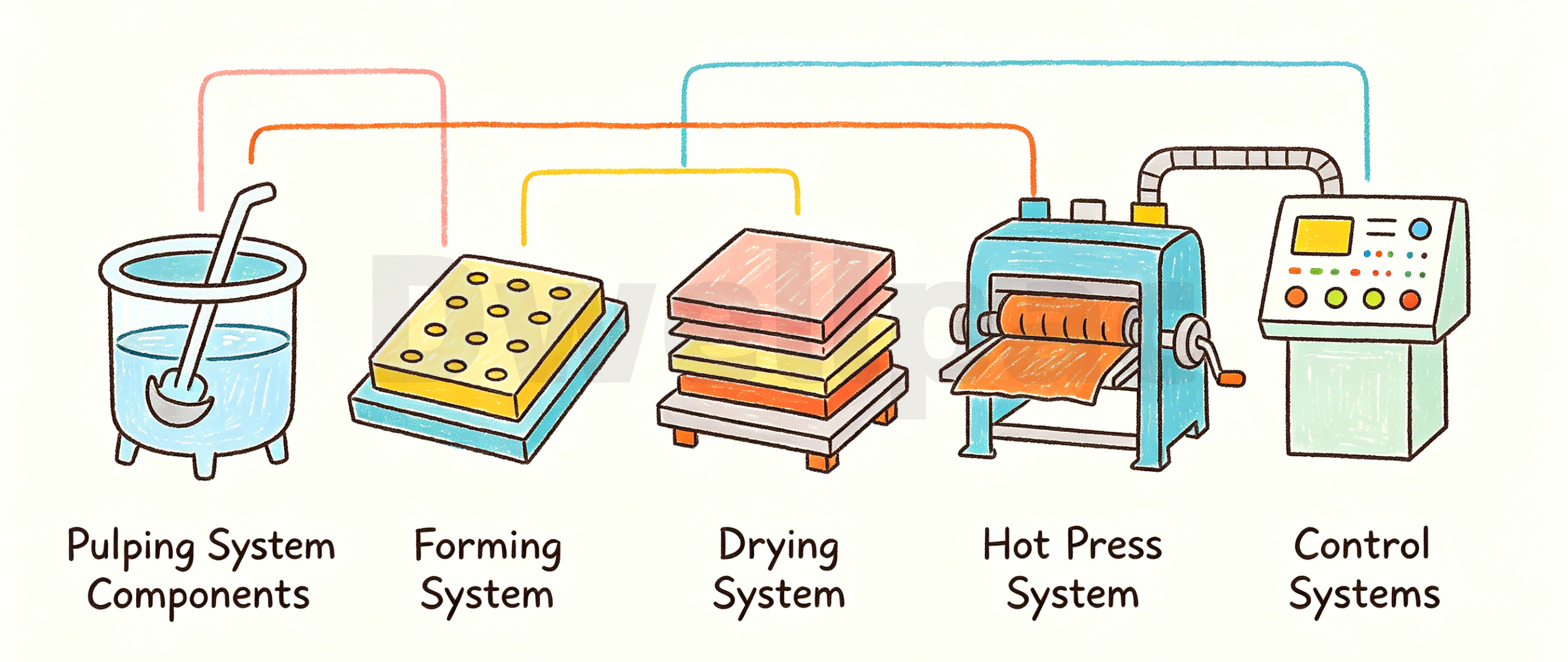 Pulp molding equipment components in a complete production line