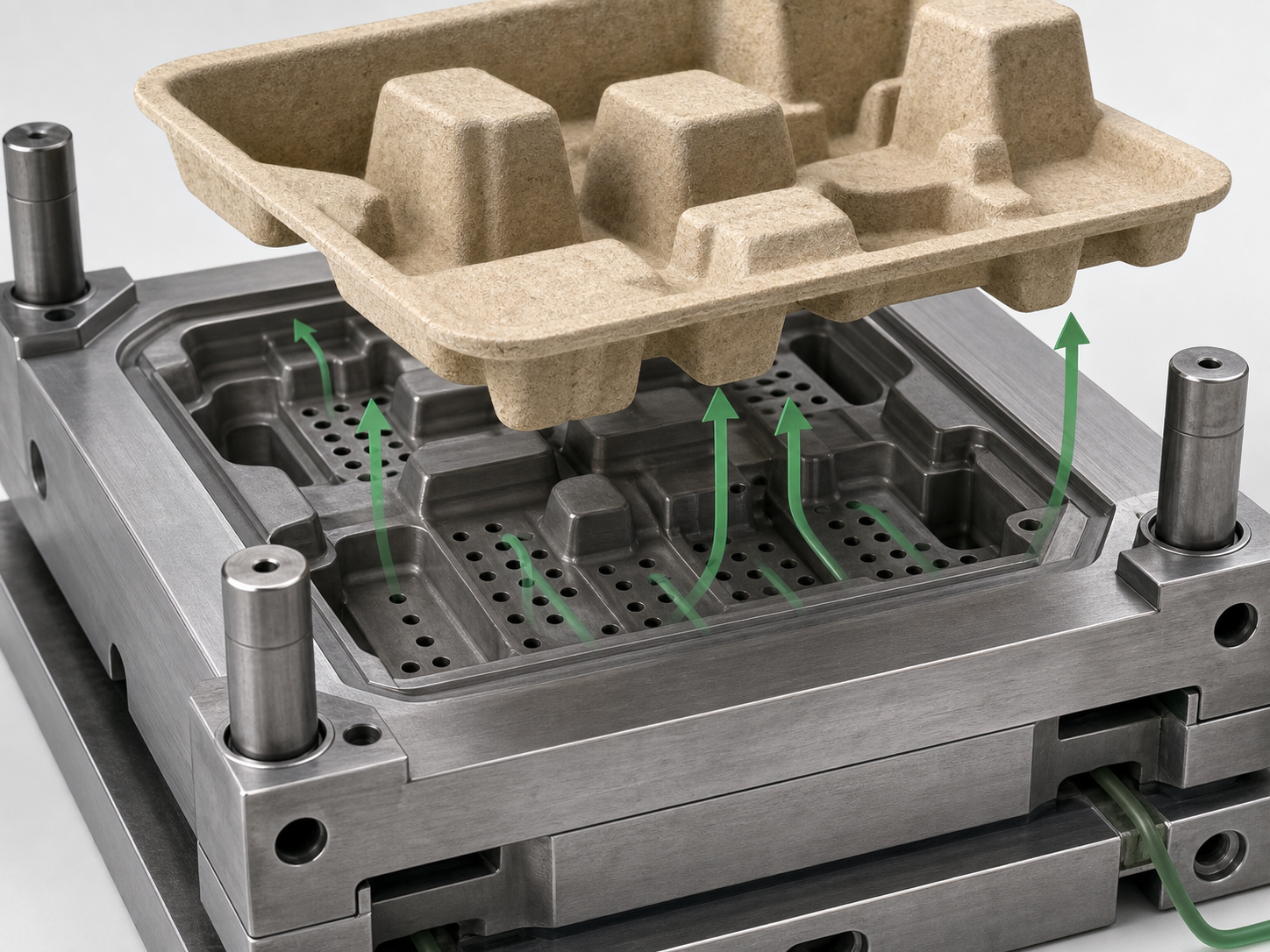 Pulp molding mold drainage and demolding design for molded fiber products.