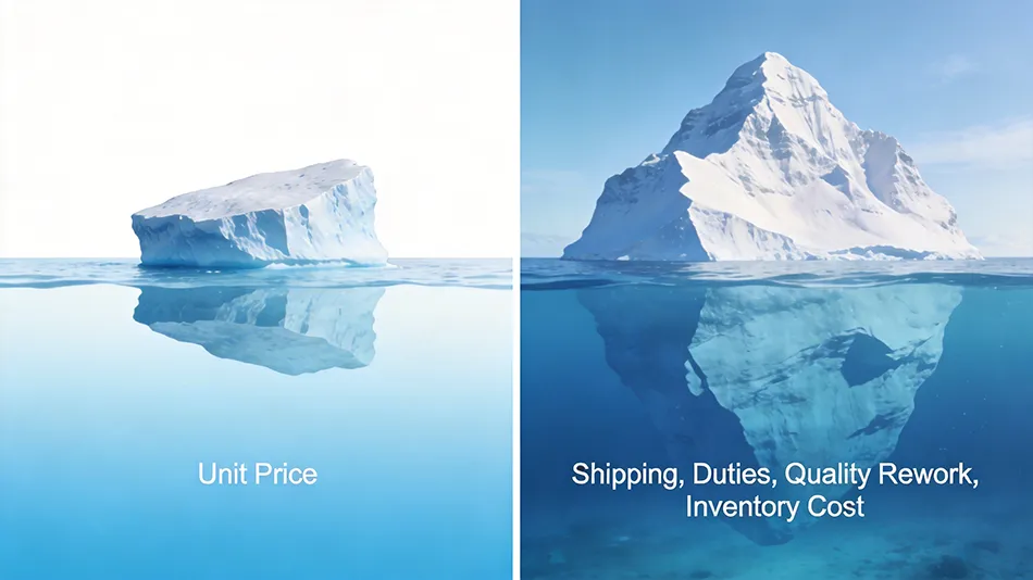 Infographic explaining Total Landed Cost vs Unit Price in beverage manufacturing.