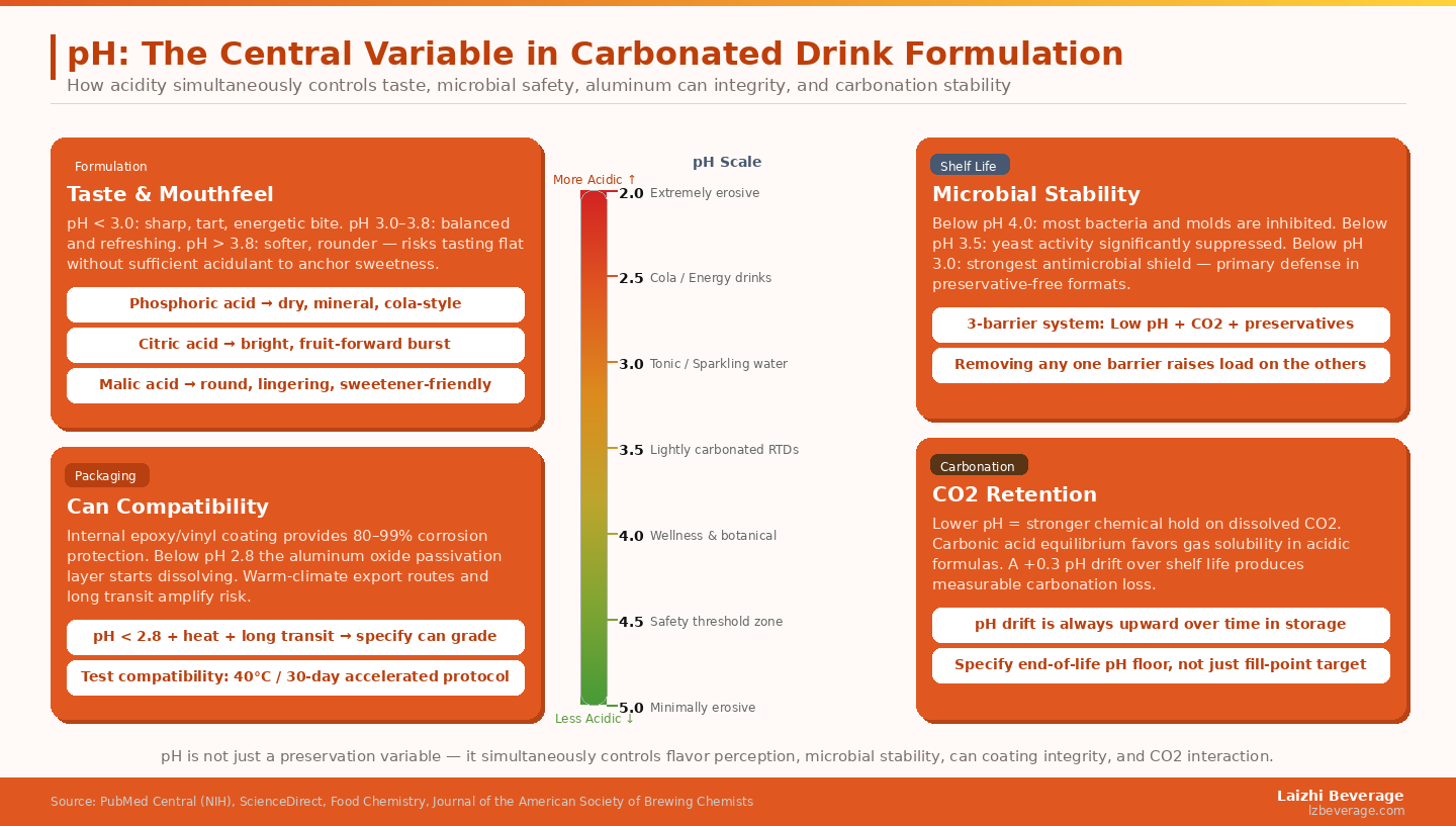 pH is not just a preservation variable — it simultaneously controls flavor perception, microbial stability, can coating integrity, and CO2 interaction in every carbonated canned format.