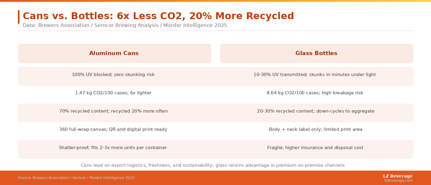 Cans lead on export logistics, freshness, and sustainability; glass retains advantage in premium on-premise channels