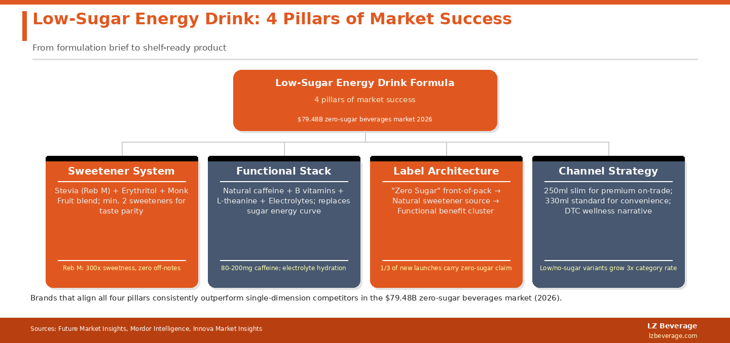Brands that align all four pillars consistently outperform single-dimension competitors in the $79.48B zero-sugar beverages market.