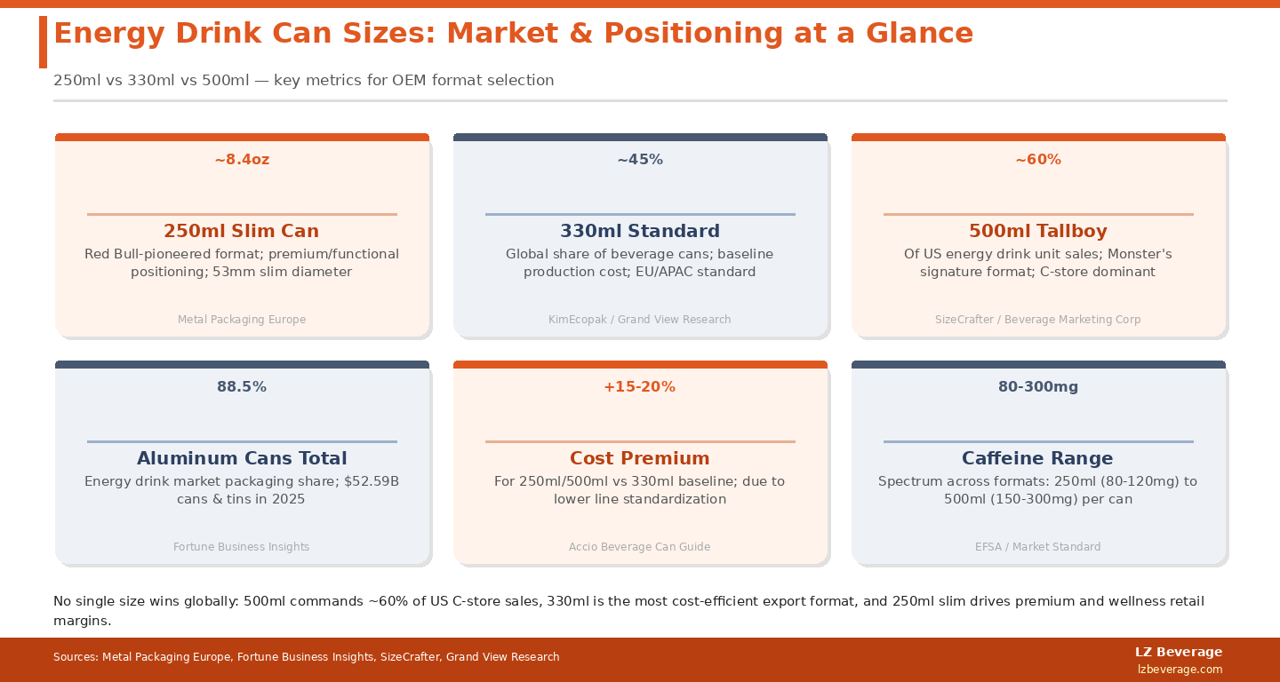 No single size wins globally: 500ml commands ~60% of US C-store sales, 330ml is the most cost-efficient export format, and 250ml slim drives premium retail margins.