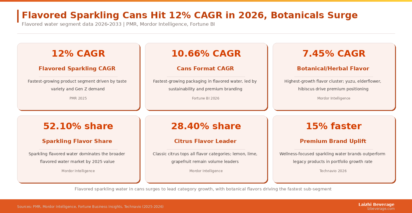 Flavored sparkling water in cans surges to lead category growth, with botanical flavors driving the fastest sub-segment