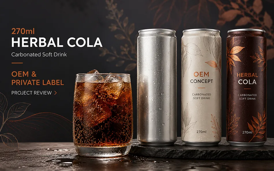 Unbranded 270ml herbal cola concept cans with a blank sleek can for OEM project review