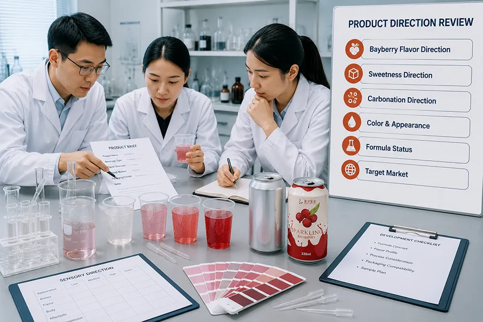 Bayberry beverage samples under flavor sweetness carbonation and appearance review