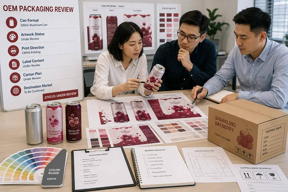 330ml Bayberry Sparkling Water can artwork and packaging brief under project review