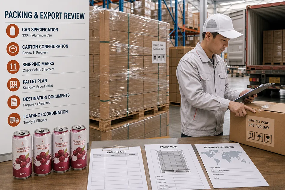 Cartons pallets and export documents prepared for 330ml Bayberry Sparkling Water