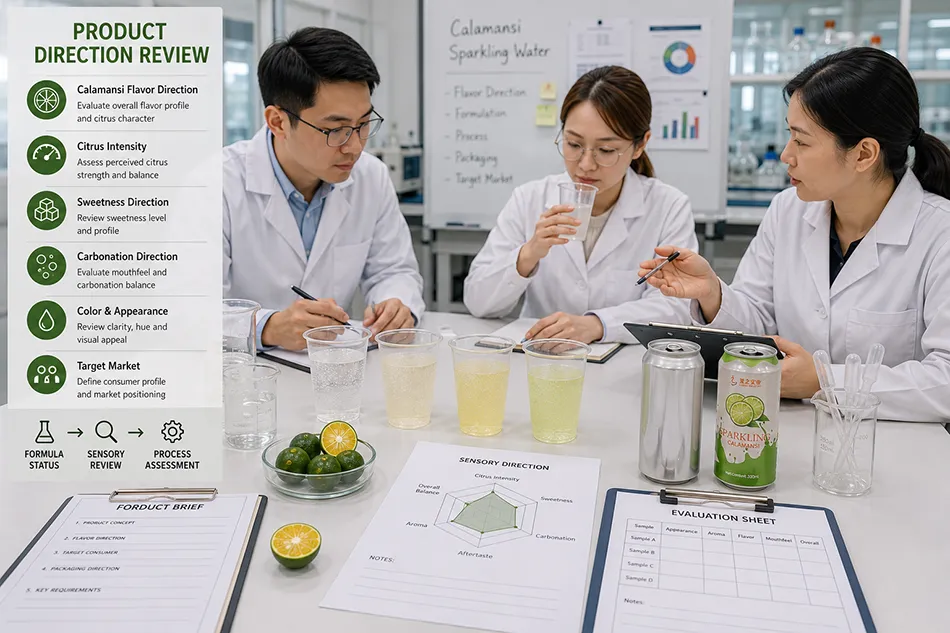 Calamansi beverage samples under flavor sweetness carbonation and color review