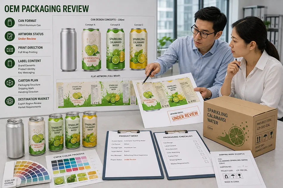 330ml Calamansi Sparkling Water can artwork and packaging brief under project review