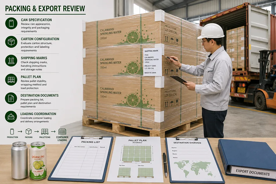 Cartons pallets and export documents prepared for 330ml Calamansi Sparkling Water